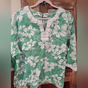 Rebecca Malone White Floral Green Blouse